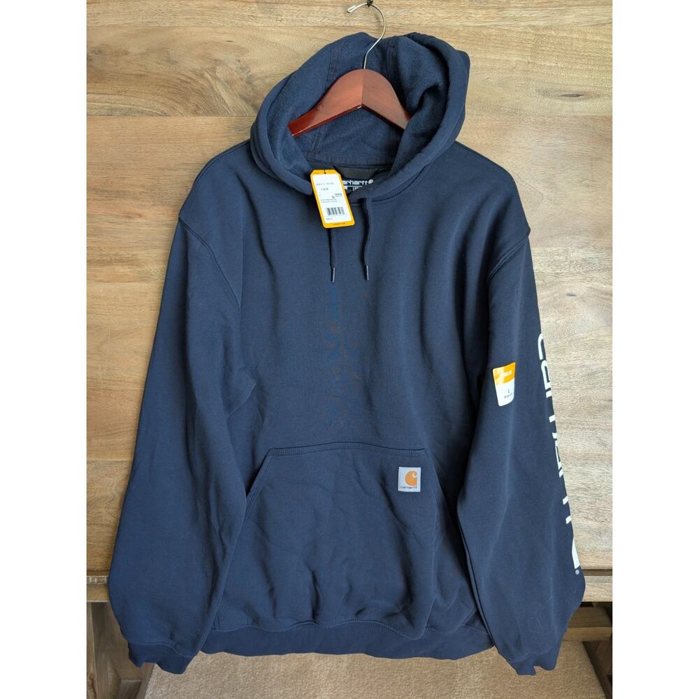 NWT Carhartt Hoodie Mens L Navy Logo Sleeve Graphic Midweight Loose Fit Pullover
